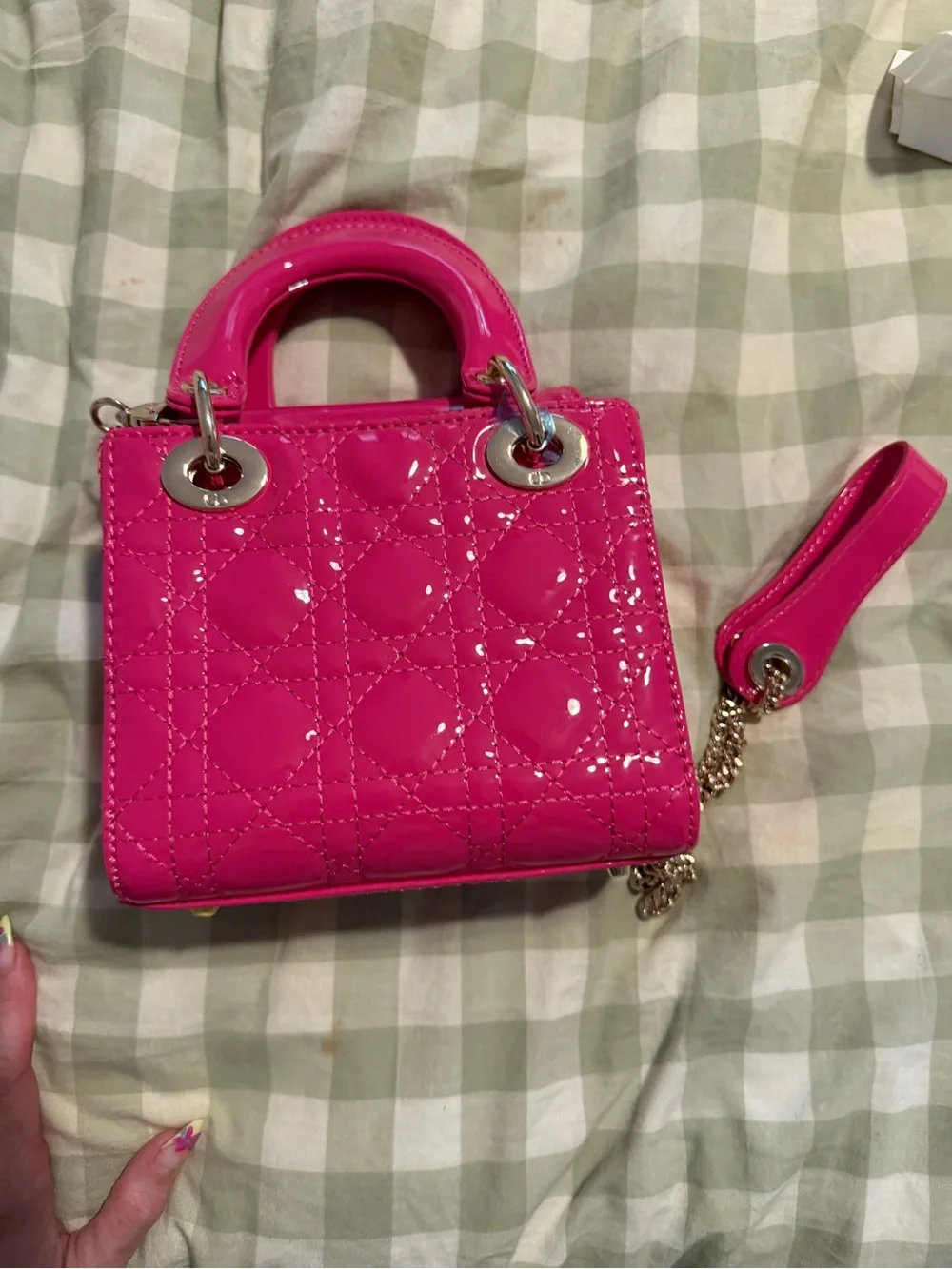 Designer inspired Hot Pink Patent Quilted Top-Handle Crossbody Bag - Picture 2 of 4